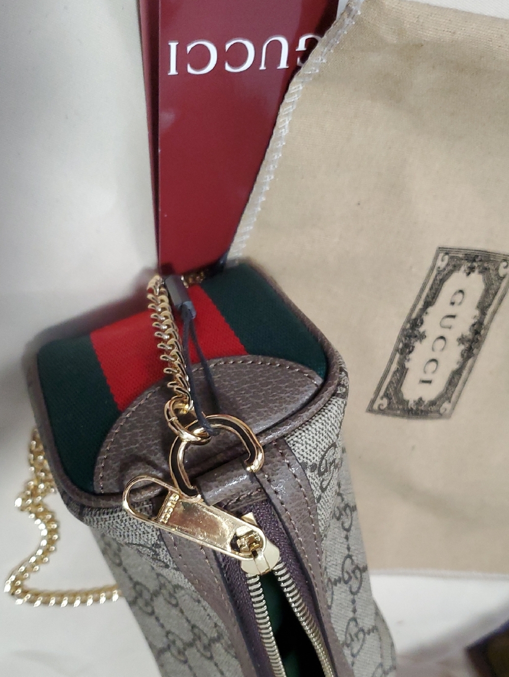 Gg Beige GG Supreme Shoulder Mini Bag  with Green and Red Web Stripe